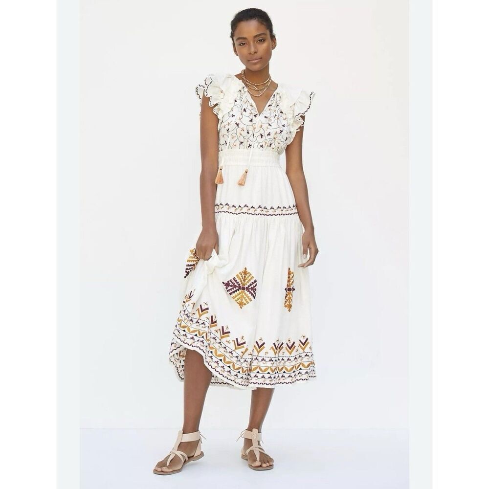 Anthropologie White Midi Dress with Yellow and Purple Embroidery